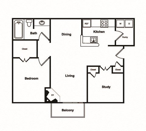 Floor plan for 1 bed, 1 bath, 850 sqft